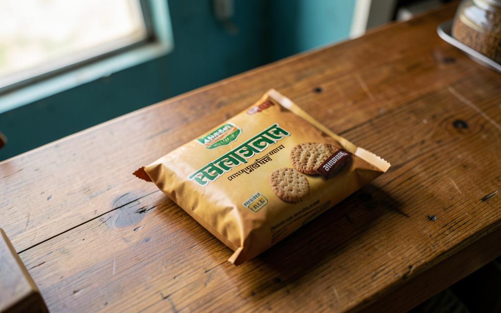 A biscuit packet photographed on a wooden shop counter, as Laddoo would see it during a scan